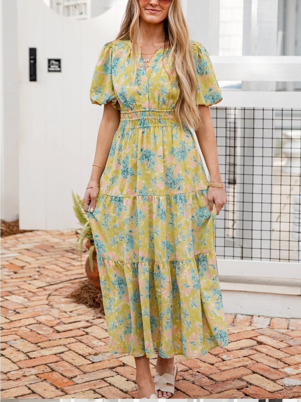 Yellow Floral Maxi Dress with Puff Sleeves